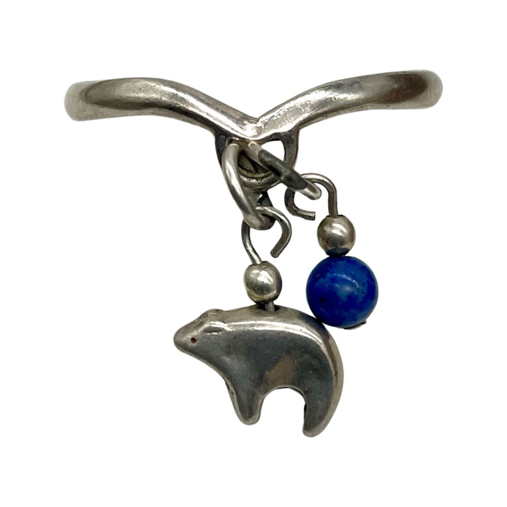Vtg Dainty 925 Sterling Silver Charm Ring sz 8.75 Native American Lapis Bear